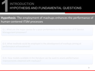 9
Q I. What are the major causes for a poor performance in the execution of IT Service
Management processes?
Hypothesis: The employment of mashups enhances the performance of
human-centered ITSM processes
1INTRODUCTION
HYPOTHESIS AND FUNDAMENTAL QUESTIONS
Q II. What methods could be employed in the development of mashups aiming at
performance enhancement?
Q III. How models available in the literature can be used to assess performance
improvements obtained with mashups?
 