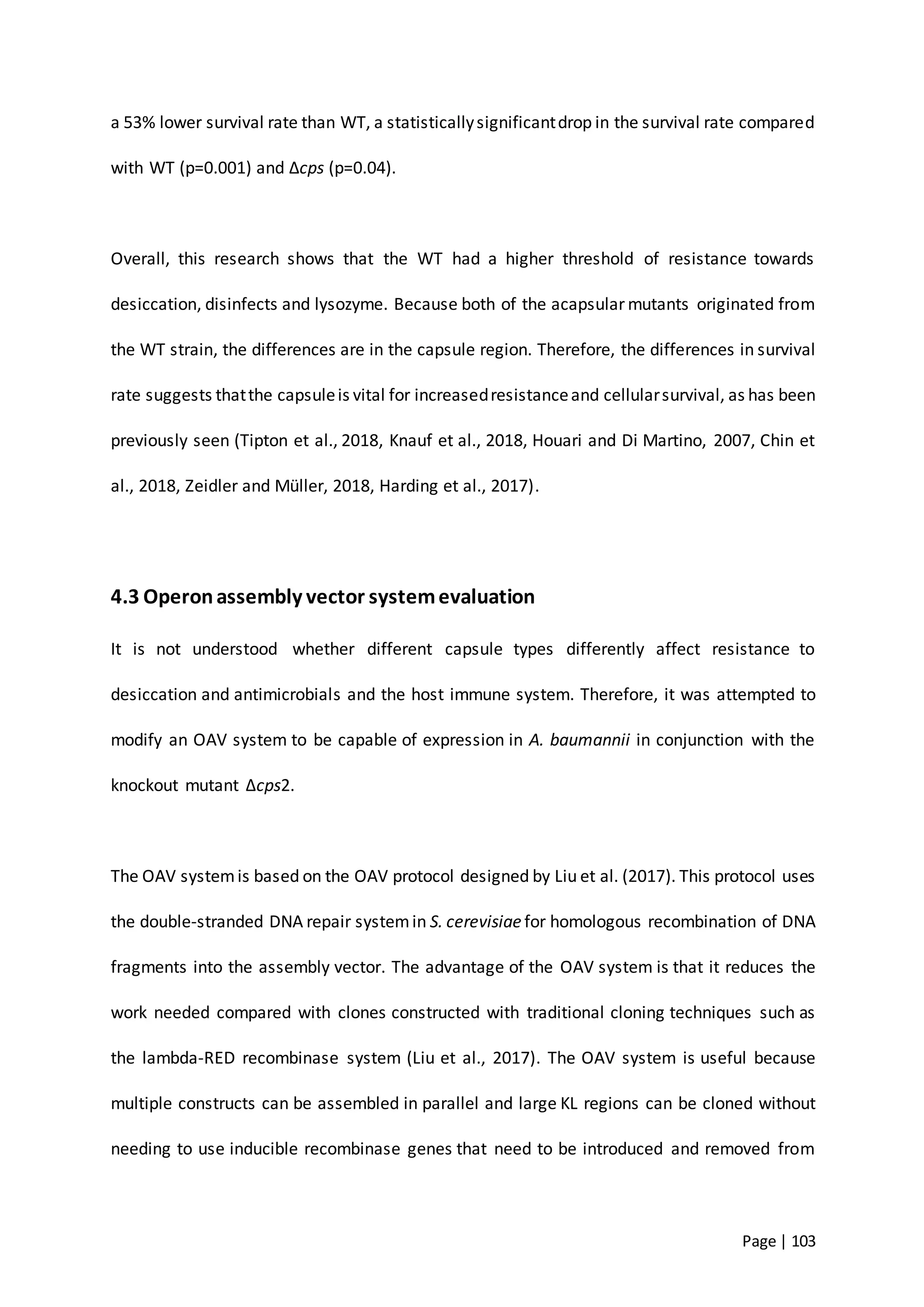 Page | 103
a 53% lower survival rate than WT, a statisticallysignificantdrop in the survival rate compared
with WT (p=0.001) and ∆cps (p=0.04).
Overall, this research shows that the WT had a higher threshold of resistance towards
desiccation, disinfects and lysozyme. Because both of the acapsular mutants originated from
the WT strain, the differences are in the capsule region. Therefore, the differences in survival
rate suggests thatthe capsuleis vital for increasedresistanceand cellularsurvival, as has been
previously seen (Tipton et al., 2018, Knauf et al., 2018, Houari and Di Martino, 2007, Chin et
al., 2018, Zeidler and Müller, 2018, Harding et al., 2017).
4.3 Operonassembly vector systemevaluation
It is not understood whether different capsule types differently affect resistance to
desiccation and antimicrobials and the host immune system. Therefore, it was attempted to
modify an OAV system to be capable of expression in A. baumannii in conjunction with the
knockout mutant ∆cps2.
The OAV systemis based on the OAV protocol designed by Liu et al. (2017). This protocol uses
the double-stranded DNA repair systemin S. cerevisiae for homologous recombination of DNA
fragments into the assembly vector. The advantage of the OAV system is that it reduces the
work needed compared with clones constructed with traditional cloning techniques such as
the lambda-RED recombinase system (Liu et al., 2017). The OAV system is useful because
multiple constructs can be assembled in parallel and large KL regions can be cloned without
needing to use inducible recombinase genes that need to be introduced and removed from
 