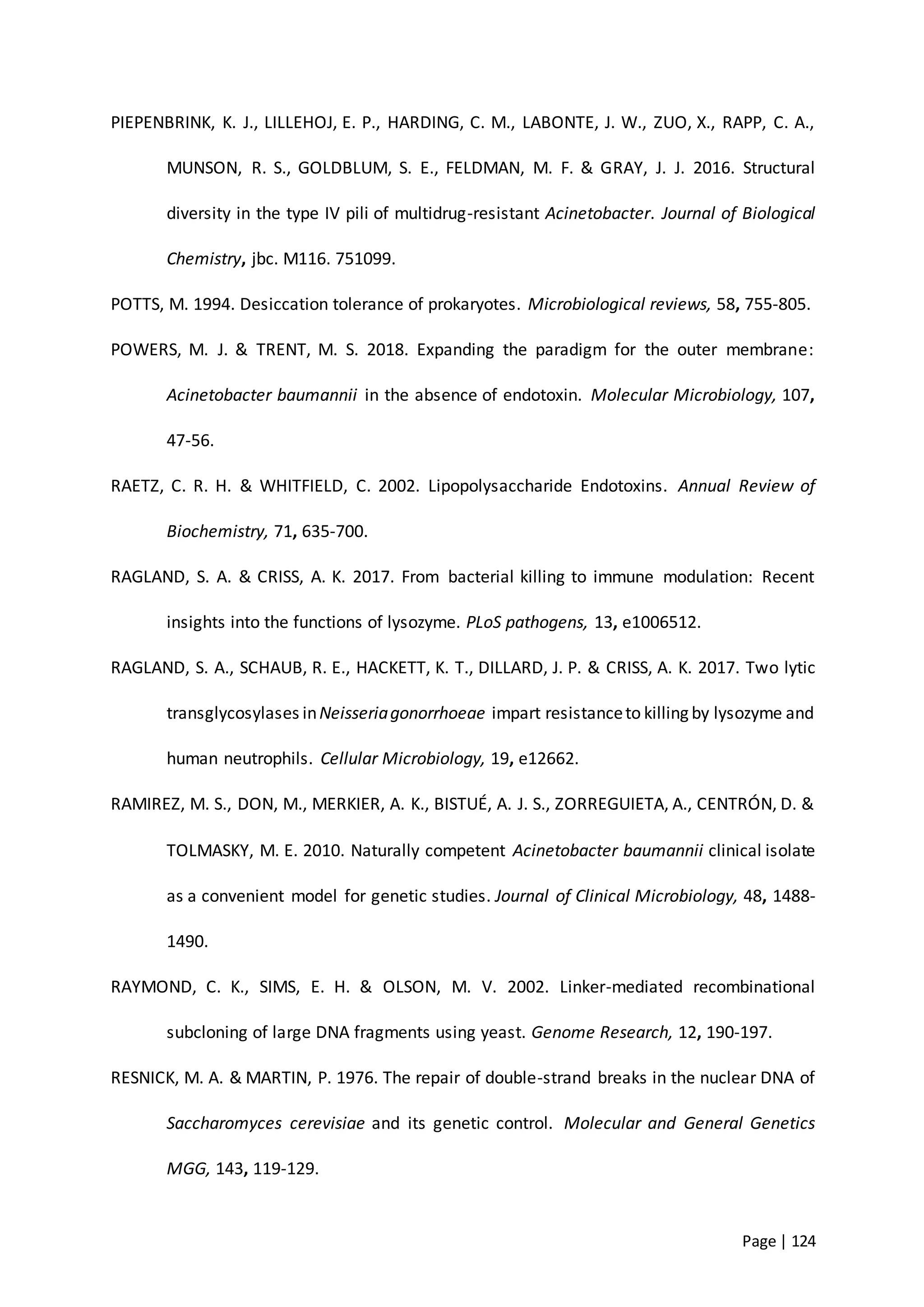 Page | 124
PIEPENBRINK, K. J., LILLEHOJ, E. P., HARDING, C. M., LABONTE, J. W., ZUO, X., RAPP, C. A.,
MUNSON, R. S., GOLDBLUM, S. E., FELDMAN, M. F. & GRAY, J. J. 2016. Structural
diversity in the type IV pili of multidrug-resistant Acinetobacter. Journal of Biological
Chemistry, jbc. M116. 751099.
POTTS, M. 1994. Desiccation tolerance of prokaryotes. Microbiological reviews, 58, 755-805.
POWERS, M. J. & TRENT, M. S. 2018. Expanding the paradigm for the outer membrane:
Acinetobacter baumannii in the absence of endotoxin. Molecular Microbiology, 107,
47-56.
RAETZ, C. R. H. & WHITFIELD, C. 2002. Lipopolysaccharide Endotoxins. Annual Review of
Biochemistry, 71, 635-700.
RAGLAND, S. A. & CRISS, A. K. 2017. From bacterial killing to immune modulation: Recent
insights into the functions of lysozyme. PLoS pathogens, 13, e1006512.
RAGLAND, S. A., SCHAUB, R. E., HACKETT, K. T., DILLARD, J. P. & CRISS, A. K. 2017. Two lytic
transglycosylases inNeisseriagonorrhoeae impart resistanceto killing by lysozyme and
human neutrophils. Cellular Microbiology, 19, e12662.
RAMIREZ, M. S., DON, M., MERKIER, A. K., BISTUÉ, A. J. S., ZORREGUIETA, A., CENTRÓN, D. &
TOLMASKY, M. E. 2010. Naturally competent Acinetobacter baumannii clinical isolate
as a convenient model for genetic studies. Journal of Clinical Microbiology, 48, 1488-
1490.
RAYMOND, C. K., SIMS, E. H. & OLSON, M. V. 2002. Linker-mediated recombinational
subcloning of large DNA fragments using yeast. Genome Research, 12, 190-197.
RESNICK, M. A. & MARTIN, P. 1976. The repair of double-strand breaks in the nuclear DNA of
Saccharomyces cerevisiae and its genetic control. Molecular and General Genetics
MGG, 143, 119-129.
 