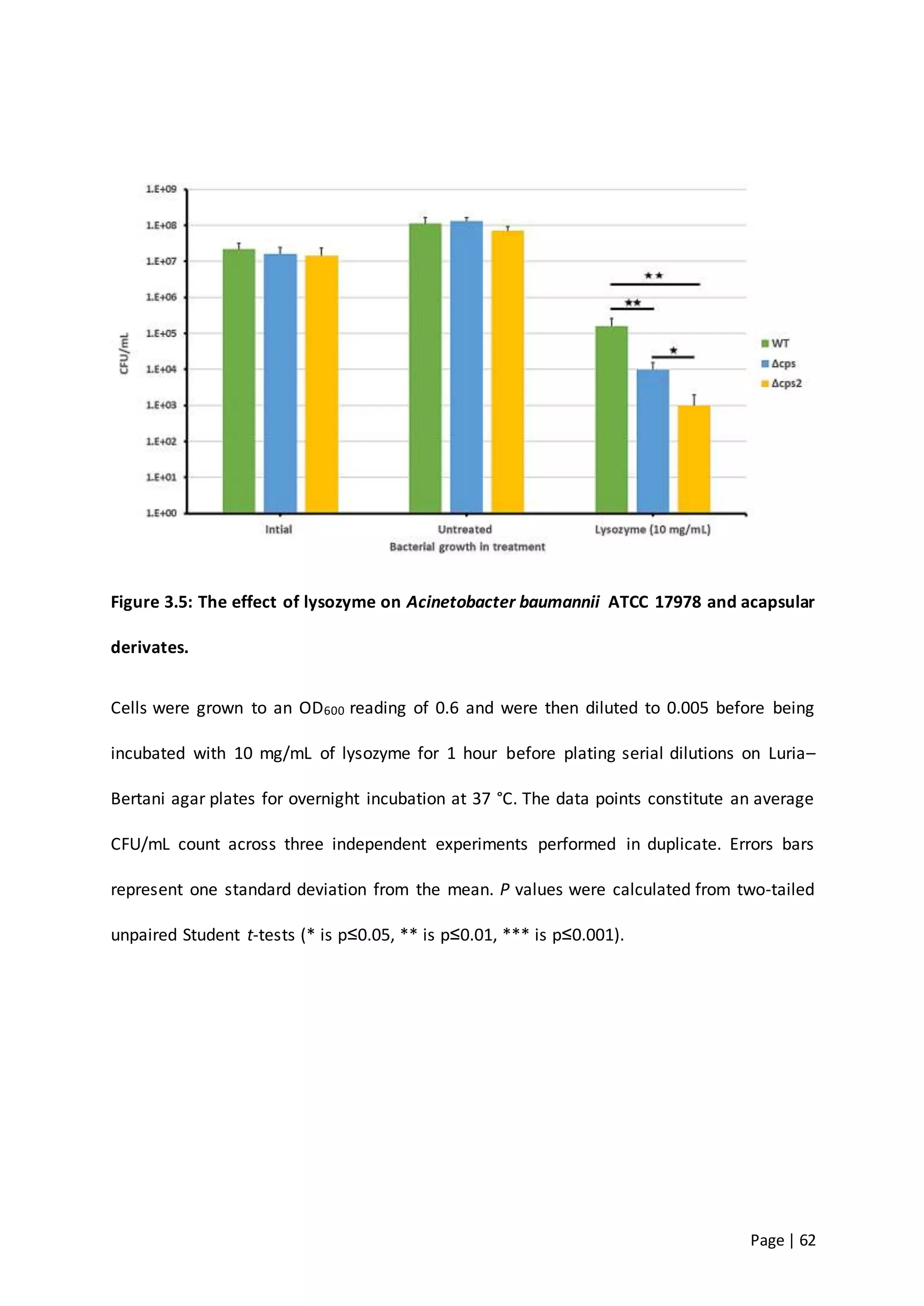 Page | 62
Figure 3.5: The effect of lysozyme on Acinetobacter baumannii ATCC 17978 and acapsular
derivates.
Cells were grown to an OD600 reading of 0.6 and were then diluted to 0.005 before being
incubated with 10 mg/mL of lysozyme for 1 hour before plating serial dilutions on Luria–
Bertani agar plates for overnight incubation at 37 °C. The data points constitute an average
CFU/mL count across three independent experiments performed in duplicate. Errors bars
represent one standard deviation from the mean. P values were calculated from two-tailed
unpaired Student t-tests (* is p≤0.05, ** is p≤0.01, *** is p≤0.001).
 
