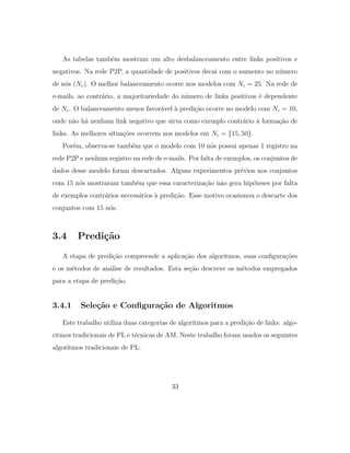 As tabelas tamb´em mostram um alto desbalanceamento entre links positivos e
negativos. Na rede P2P, a quantidade de positivos decai com o aumento no n´umero
de n´os (Nc). O melhor balanceamento ocorre nos modelos com Nc = 25. Na rede de
e-mails, ao contr´ario, a majoritariedade do n´umero de links positivos ´e dependente
de Nc. O balanceamento menos favor´avel `a predi¸c˜ao ocorre no modelo com Nc = 10,
onde n˜ao h´a nenhum link negativo que sirva como exemplo contr´ario `a forma¸c˜ao de
links. As melhores situa¸c˜oes ocorrem nos modelos em Nc = {15, 50}.
Por´em, observa-se tamb´em que o modelo com 10 n´os possui apenas 1 registro na
rede P2P e nenhum registro na rede de e-mails. Por falta de exemplos, os conjuntos de
dados desse modelo foram descartados. Alguns experimentos pr´evios nos conjuntos
com 15 n´os mostraram tamb´em que essa caracteriza¸c˜ao n˜ao gera hip´oteses por falta
de exemplos contr´arios necess´arios `a predi¸c˜ao. Esse motivo ocasionou o descarte dos
conjuntos com 15 n´os.
3.4 Predi¸c˜ao
A etapa de predi¸c˜ao compreende a aplica¸c˜ao dos algoritmos, suas conﬁgura¸c˜oes
e os m´etodos de an´alise de resultados. Esta se¸c˜ao descreve os m´etodos empregados
para a etapa de predi¸c˜ao.
3.4.1 Sele¸c˜ao e Conﬁgura¸c˜ao de Algoritmos
Este trabalho utiliza duas categorias de algoritmos para a predi¸c˜ao de links: algo-
ritmos tradicionais de PL e t´ecnicas de AM. Neste trabalho foram usados os seguintes
algoritmos tradicionais de PL:
33
 