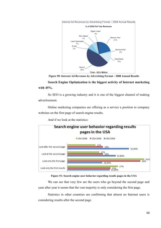 Figure 50: Internet Ad Revenues by Advertising Format - 2008 Annual Results

       Search Engine Optimization is the biggest activity of Internet marketing
with 45%.

       So SEO is a growing industry and it is one of the biggest channel of making
advertisement.

       Online marketing companies are offering as a service a position to company
websites on the first page of search engine results.

       And if we look at the statistics:




          Figure 51: Search engine user behavior regarding results pages in the USA

       We can see that very few are the users who go beyond the second page and
year after year it seems that the vast majority is only considering the first page.

       Statistics in other countries are confirming that almost no Internet users is
considering results after the second page.


                                                                                      68
 