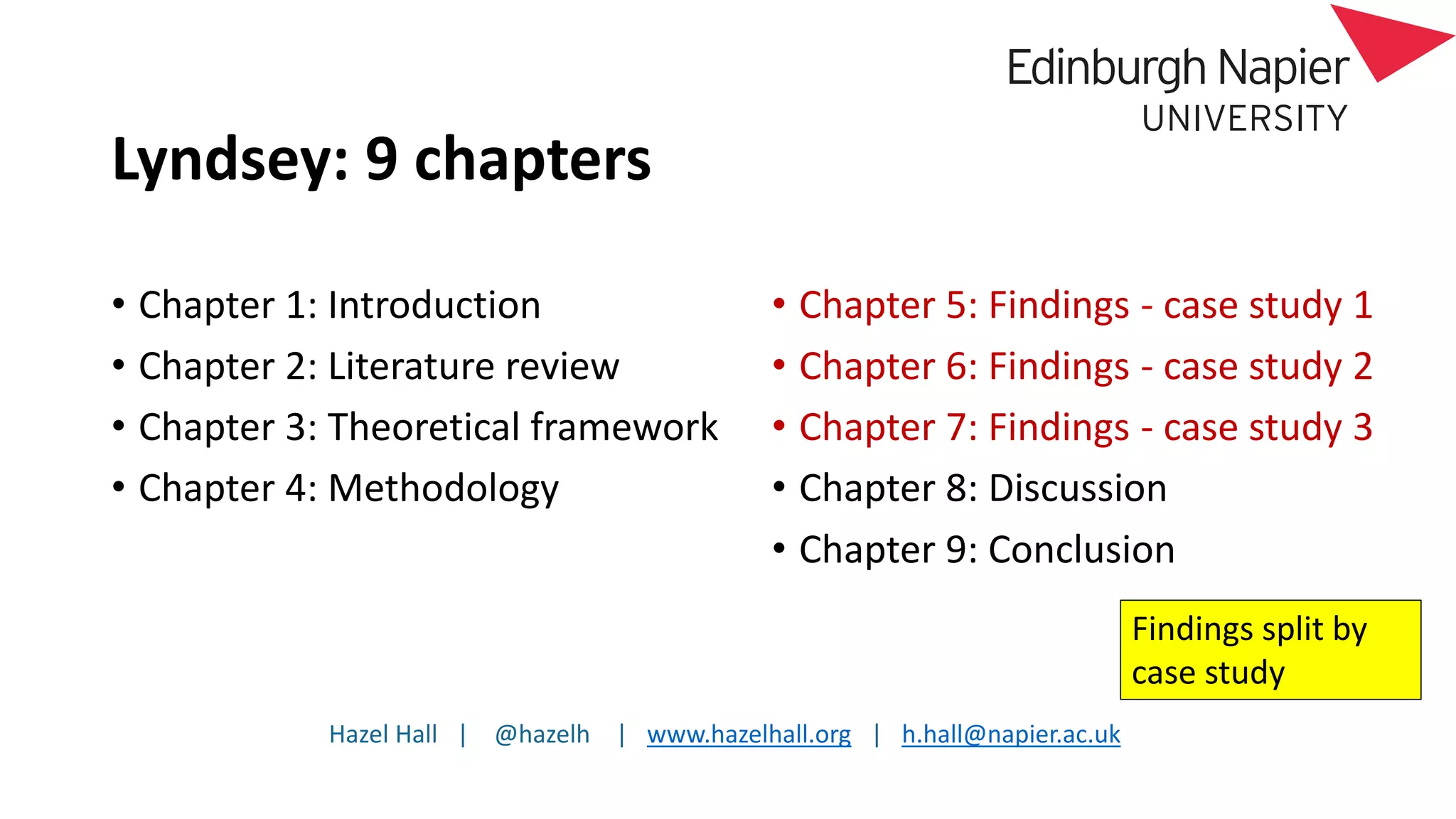 Hazel Hall | @hazelh | www.hazelhall.org | h.hall@napier.ac.uk
Lyndsey: 9 chapters
• Chapter 1: Introduction
• Chapter 2: Literature review
• Chapter 3: Theoretical framework
• Chapter 4: Methodology
• Chapter 5: Findings - case study 1
• Chapter 6: Findings - case study 2
• Chapter 7: Findings - case study 3
• Chapter 8: Discussion
• Chapter 9: Conclusion
Findings split by
case study
 
