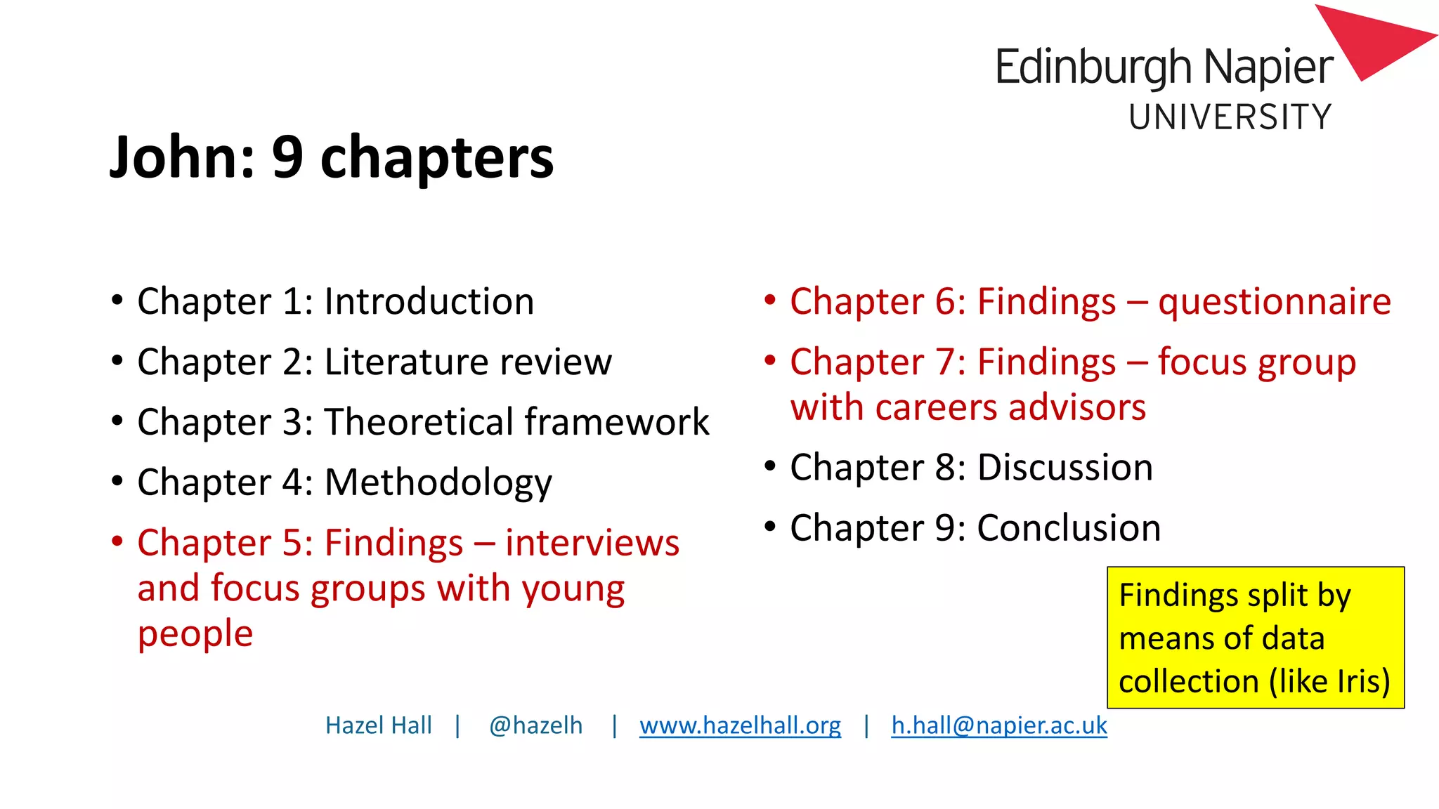 Hazel Hall | @hazelh | www.hazelhall.org | h.hall@napier.ac.uk
John: 9 chapters
• Chapter 1: Introduction
• Chapter 2: Literature review
• Chapter 3: Theoretical framework
• Chapter 4: Methodology
• Chapter 5: Findings – interviews
and focus groups with young
people
• Chapter 6: Findings – questionnaire
• Chapter 7: Findings – focus group
with careers advisors
• Chapter 8: Discussion
• Chapter 9: Conclusion
Findings split by
means of data
collection (like Iris)
 