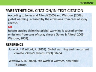 REFERENCE
PARENTHETICAL CITATION/IN-TEXT CITATION
According to Jones & Alford (2005) and Westlow (2009), global warming is
caused by the emissions from cans of spray cheese.
Recent studies claim that global warming is caused by the emissions from
cans of spray cheese (Jones & Alford, 2005; Westlow, 2009).
According to Jones and Alford (2005) and Westlow (2009),
global warming is caused by the emissions from cans of spray
cheese.
OR
Recent studies claim that global warming is caused by the
emissions from cans of spray cheese (Jones & Alford, 2005;
Westlow, 2009).
Jone, A. J. & Alford, K. (2005). Global warming and the current
climate. Climate Trends. 25(3). 56-64.
Westlow, S. R. (2009). The world is warmer. New York:
Thomson.
REFER HO10
 