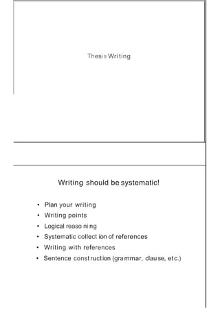 Thesis Wri ting
Writing should be systematic!
• Plan your writing
• Writing points
• Logical reaso ni ng
• Systematic collect ion of references
• Writing with references
• Sentence const ruction (grammar, clau se, etc.)
 