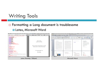Writing Tools
¨ Formatting a Long document is troublesome
¤ Latex, Microsoft Word
Latex (Texshop / Eclipse) Microsoft Word
 
