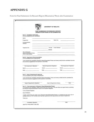 APPENDIX G 
Form for Final Submission for Research Report/Dissertation/Thesis after Examination: 
20 
