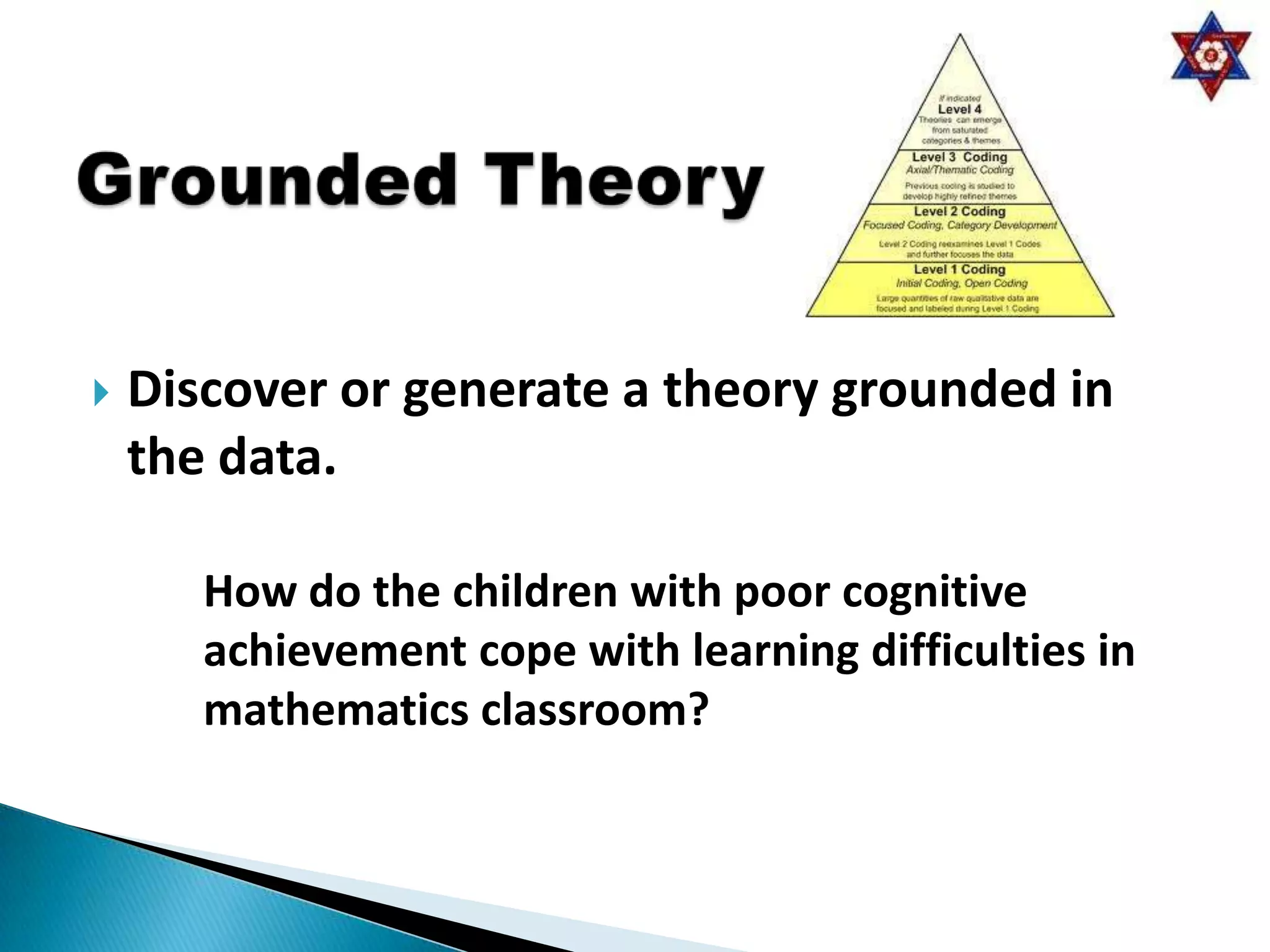    Discover or generate a theory grounded in
    the data.

       How do the children with poor cognitive
       achievement cope with learning difficulties in
       mathematics classroom?
 