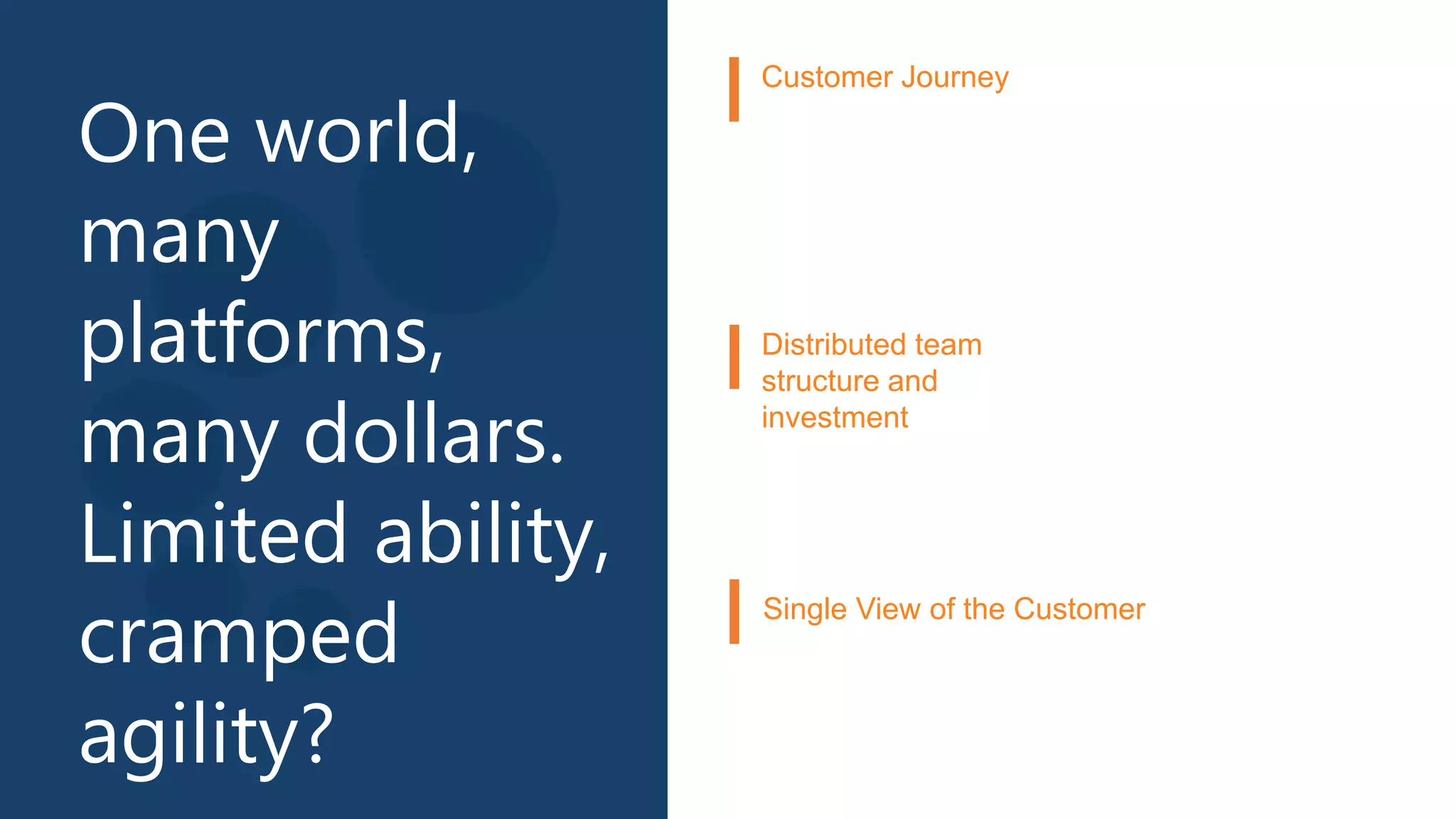 One world,
many
platforms,
many dollars.
Limited ability,
cramped
agility?
Customer Journey
Distributed team
structure and
investment
Single View of the Customer
 