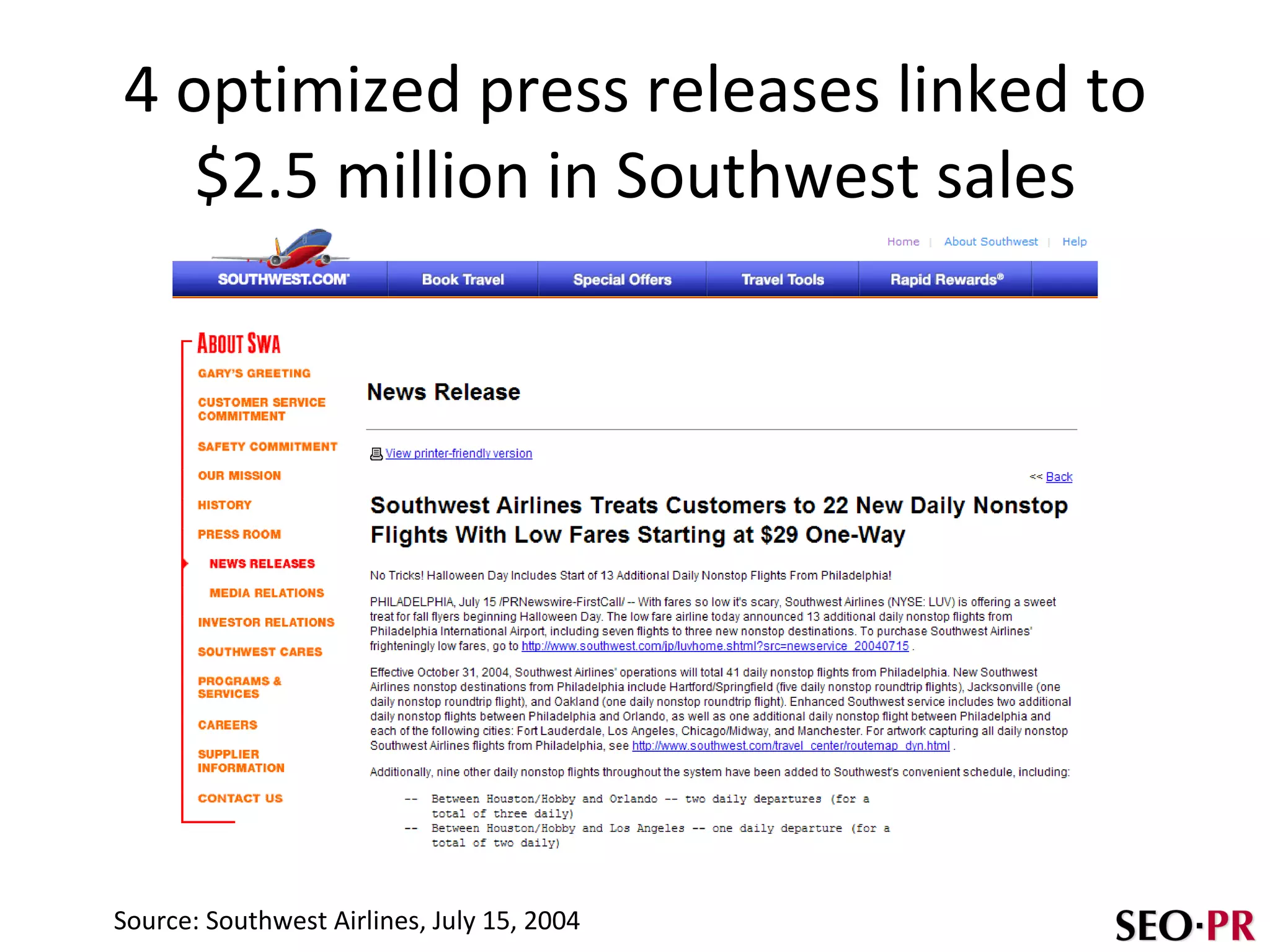 4 optimized press releases linked to $2.5 million in Southwest sales Source: Southwest Airlines, July 15, 2004 