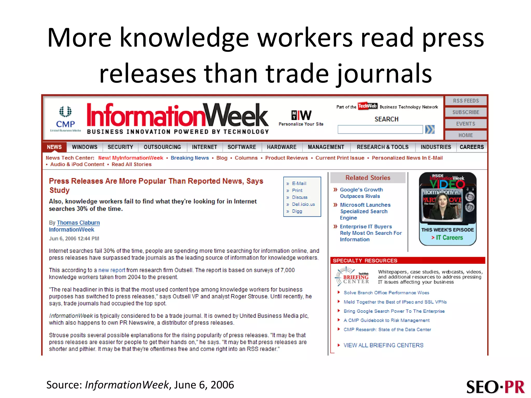 More knowledge workers read press releases than trade journals Source:  InformationWeek , June 6, 2006 