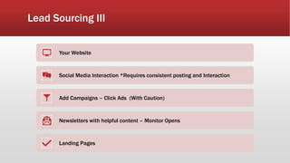 Lead Sourcing III
Your Website
Social Media Interaction *Requires consistent posting and Interaction
Add Campaigns – Click Ads (With Caution)
Newsletters with helpful content – Monitor Opens
Landing Pages
 