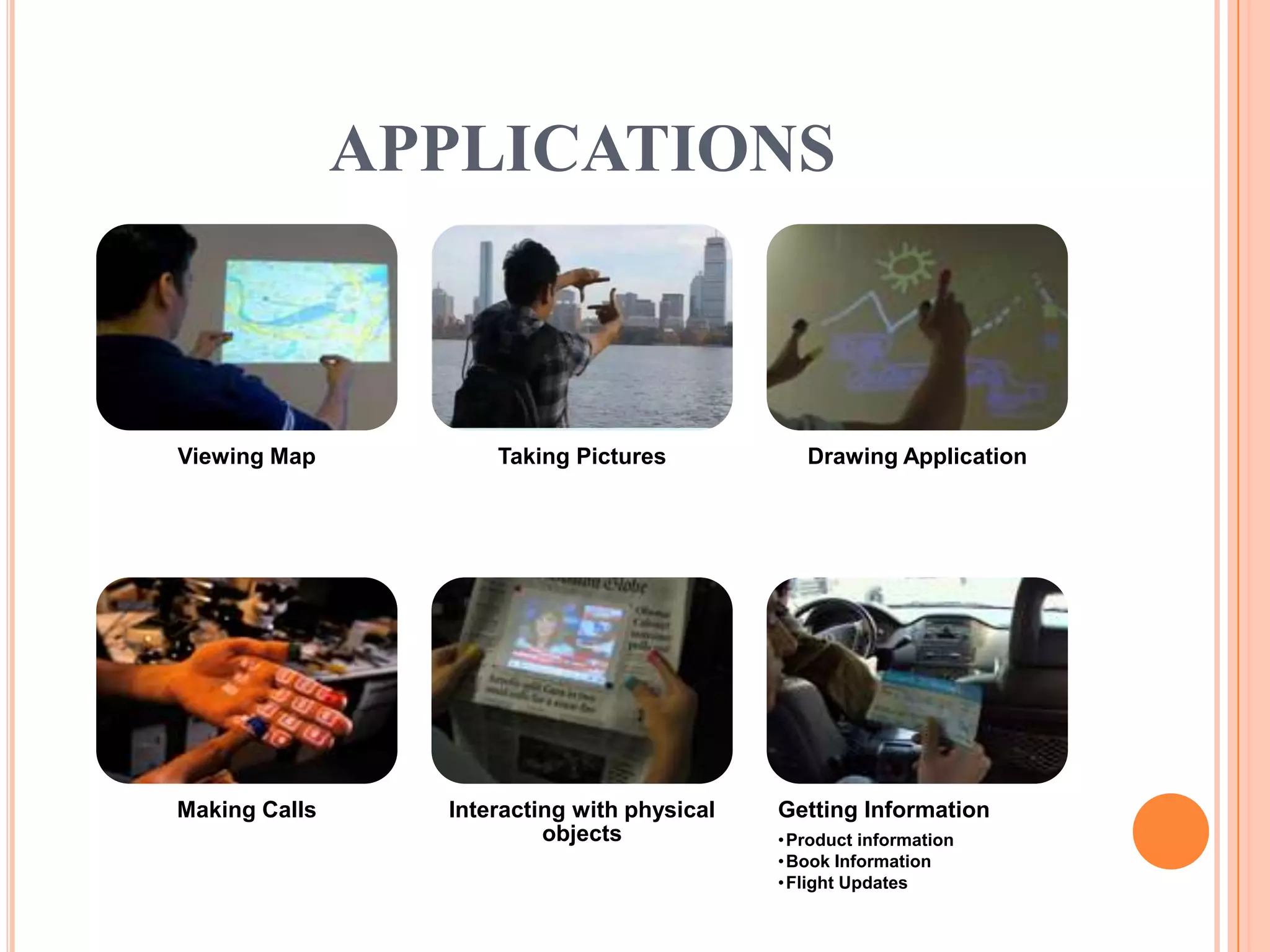 APPLICATIONS
Viewing Map Taking Pictures Drawing Application
Making Calls Interacting with physical
objects
Getting Information
•Product information
•Book Information
•Flight Updates
 