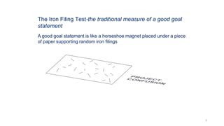 A good goal statement is like a horseshoe magnet placed under a piece
of paper supporting random iron filings
The Iron Filing Test-the traditional measure of a good goal
statement
3
 