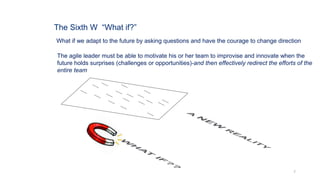The Sixth W “What if?”
7
What if we adapt to the future by asking questions and have the courage to change direction
The agile leader must be able to motivate his or her team to improvise and innovate when the
future holds surprises (challenges or opportunities)-and then effectively redirect the efforts of the
entire team
 