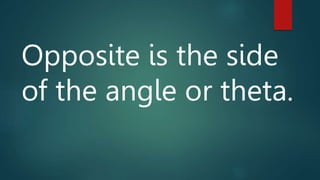 Opposite is the side
of the angle or theta.
 