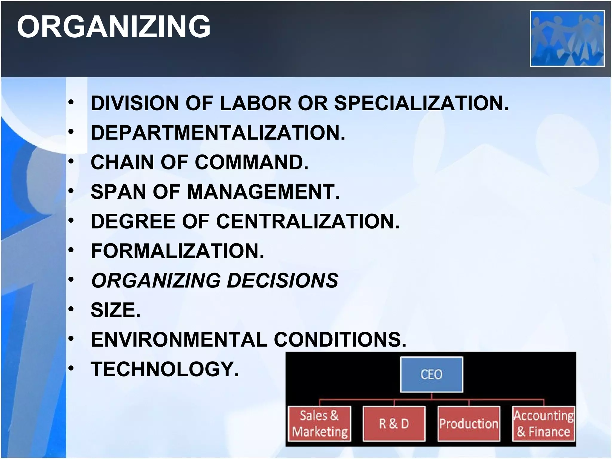 ORGANIZING
• DIVISION OF LABOR OR SPECIALIZATION.
• DEPARTMENTALIZATION.
• CHAIN OF COMMAND.
• SPAN OF MANAGEMENT.
• DEGREE OF CENTRALIZATION.
• FORMALIZATION.
• ORGANIZING DECISIONS
• SIZE.
• ENVIRONMENTAL CONDITIONS.
• TECHNOLOGY.
 
