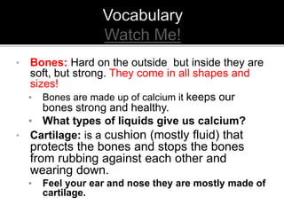 • Bones: Hard on the outside but inside they are
soft, but strong. They come in all shapes and
sizes!
▪ Bones are made up of calcium it keeps our
bones strong and healthy.
▪ What types of liquids give us calcium?
• Cartilage: is a cushion (mostly fluid) that
protects the bones and stops the bones
from rubbing against each other and
wearing down.
▪ Feel your ear and nose they are mostly made of
cartilage.
 