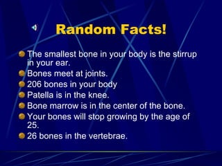 Random Facts! The smallest bone in your body is the stirrup in your ear.  Bones meet at joints. 206 bones in your body  Patella is in the knee. Bone marrow is in the center of the bone. Your bones will stop growing by the age of 25. 26 bones in the vertebrae. 