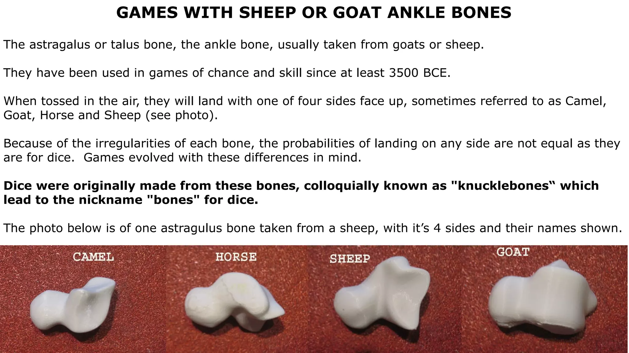 GAMES WITH SHEEP OR GOAT ANKLE BONES
The astragalus or talus bone, the ankle bone, usually taken from goats or sheep.
They have been used in games of chance and skill since at least 3500 BCE.
When tossed in the air, they will land with one of four sides face up, sometimes referred to as Camel,
Goat, Horse and Sheep (see photo).
Because of the irregularities of each bone, the probabilities of landing on any side are not equal as they
are for dice. Games evolved with these differences in mind.
Dice were originally made from these bones, colloquially known as "knucklebones“ which
lead to the nickname "bones" for dice.
The photo below is of one astragulus bone taken from a sheep, with it’s 4 sides and their names shown.
 