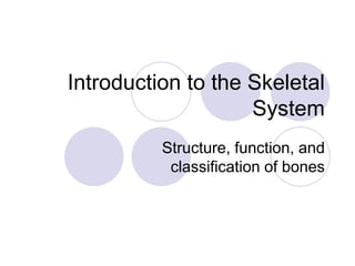 Introduction to the Skeletal
System
Structure, function, and
classification of bones
 