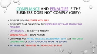 COMPLIANCE AND PENALTIES IF THE
BUSINESS DOES NOT COMPLY (OBEY)
• BUSINESS SHOULD REGISTER WITH SARS
• BUSINESSES THAT DO NOT PAY THE PRESCRIBED RATES ARE RELIABLE FOR
PENALTIES
• LATE PENALTY = 10 % OF THE AMOUNT
• SERIOUS PENALTY = LEGAL ACTION
• COMPANIES NOT PAYING THE SKILLS DEVELOPMENT LEVY MAY NOT OFFER
LEARNERSHIPS OR CLAIM FOR GRANTS FROM THE SDFUND
• PAYMENTS AND PENALTIES ARE MONITORED BY SARS
 