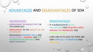 ADVANTAGES AND DISADVANTAGES OF SDA
ADVANTAGES
• IMPROVEMENT IN PRODUCTIVITY IN
THE WORKPLACE
• IMPROVEMENT IN THE QUALITY OF LIFE
OF WORKERS
• ENCOURAGES ONGOING SKILLS AND
DEVELOPMENT, LEARNING AND THE
ACQUISITION OF NEW SKILLS AND
WORK EXPERIENCE
DISADVANTAGES
• IS A BUREAUCRATIC (LONG
PROCEDURES) AND REQUIRES LARGE
AMOUNT OF PAPERWORK AND
ADMINISTRATION.
• LAWS AND ACTS SUCH AS THESE ARE
VERY DIFFICULT TO MONITOR AND
CONTROL.
 