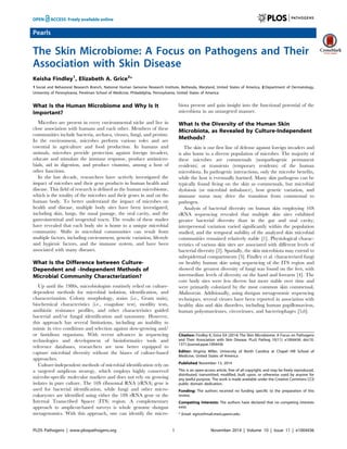 Pearls
The Skin Microbiome: A Focus on Pathogens and Their
Association with Skin Disease
Keisha Findley1
, Elizabeth A. Grice2
*
1 Social and Behavioral Research Branch, National Human Genome Research Institute, Bethesda, Maryland, United States of America, 2 Department of Dermatology,
University of Pennsylvania, Perelman School of Medicine, Philadelphia, Pennsylvania, United States of America
What Is the Human Microbiome and Why Is It
Important?
Microbes are present in every environmental niche and live in
close association with humans and each other. Members of these
communities include bacteria, archaea, viruses, fungi, and protists.
In the environment, microbes perform various roles and are
essential in agriculture and food production. In humans and
animals, microbes provide protection against foreign invaders,
educate and stimulate the immune response, produce antimicro-
bials, aid in digestion, and produce vitamins, among a host of
other functions.
In the last decade, researchers have actively investigated the
impact of microbes and their gene products in human health and
disease. This field of research is defined as the human microbiome,
which is the totality of the microbes and their genes in and on the
human body. To better understand the impact of microbes on
health and disease, multiple body sites have been investigated,
including skin, lungs, the nasal passage, the oral cavity, and the
gastrointestinal and urogenital tracts. The results of these studies
have revealed that each body site is home to a unique microbial
community. Shifts in microbial communities can result from
multiple factors, including environment, genetic variation, lifestyle
and hygienic factors, and the immune system, and have been
associated with many diseases.
What Is the Difference between Culture-
Dependent and –Independent Methods of
Microbial Community Characterization?
Up until the 1980s, microbiologists routinely relied on culture-
dependent methods for microbial isolation, identification, and
characterization. Colony morphology, stains (i.e., Gram stain),
biochemical characteristics (i.e., coagulase test), motility tests,
antibiotic resistance profiles, and other characteristics guided
bacterial and/or fungal identification and taxonomy. However,
this approach has several limitations, including an inability to
mimic in vivo conditions and selection against slow-growing and/
or fastidious organisms. With recent advances in sequencing
technologies and development of bioinformatics tools and
reference databases, researchers are now better equipped to
capture microbial diversity without the biases of culture-based
approaches.
Culture-independent methods of microbial identification rely on
a targeted amplicon strategy, which employs highly conserved
microbe-specific molecular markers and does not rely on growing
isolates in pure culture. The 16S ribosomal RNA (rRNA) gene is
used for bacterial identification, while fungi and other micro-
eukaryotes are identified using either the 18S rRNA gene or the
Internal Transcribed Spacer (ITS) region. A complementary
approach to amplicon-based surveys is whole genome shotgun
metagenomics. With this approach, one can identify the micro-
biota present and gain insight into the functional potential of the
microbiota in an untargeted manner.
What Is the Diversity of the Human Skin
Microbiota, as Revealed by Culture-Independent
Methods?
The skin is our first line of defense against foreign invaders and
is also home to a diverse population of microbes. The majority of
these microbes are commensals (nonpathogenic permanent
residents) or transients (temporary residents) of the human
microbiota. In pathogenic interactions, only the microbe benefits,
while the host is eventually harmed. Many skin pathogens can be
typically found living on the skin as commensals, but microbial
dysbiosis (or microbial imbalance), host genetic variation, and
immune status may drive the transition from commensal to
pathogen.
Analysis of bacterial diversity on human skin employing 16S
rRNA sequencing revealed that multiple skin sites exhibited
greater bacterial diversity than in the gut and oral cavity;
interpersonal variation varied significantly within the population
studied, and the temporal stability of the analyzed skin microbial
communities remained relatively stable [1]. Physiological charac-
teristics of various skin sites are associated with different levels of
bacterial diversity [2]. Spatially, the skin microbiota may extend to
subepidermal compartments [3]. Findley et al. characterized fungi
on healthy human skin using sequencing of the ITS region and
showed the greatest diversity of fungi was found on the feet, with
intermediate levels of diversity on the hand and forearm [4]. The
core body sites were less diverse but more stable over time and
were primarily colonized by the most common skin commensal,
Malassezia. Additionally, using shotgun metagenomic sequencing
techniques, several viruses have been reported in association with
healthy skin and skin disorders, including human papillomavirus,
human polyomaviruses, circoviruses, and bacteriophages [5,6].
Citation: Findley K, Grice EA (2014) The Skin Microbiome: A Focus on Pathogens
and Their Association with Skin Disease. PLoS Pathog 10(11): e1004436. doi:10.
1371/journal.ppat.1004436
Editor: Virginia Miller, University of North Carolina at Chapel Hill School of
Medicine, United States of America
Published November 13, 2014
This is an open-access article, free of all copyright, and may be freely reproduced,
distributed, transmitted, modified, built upon, or otherwise used by anyone for
any lawful purpose. The work is made available under the Creative Commons CC0
public domain dedication.
Funding: The authors received no funding specific to the preparation of this
review.
Competing Interests: The authors have declared that no competing interests
exist.
* Email: egrice@mail.med.upenn.edu
PLOS Pathogens | www.plospathogens.org 1 November 2014 | Volume 10 | Issue 11 | e1004436
 