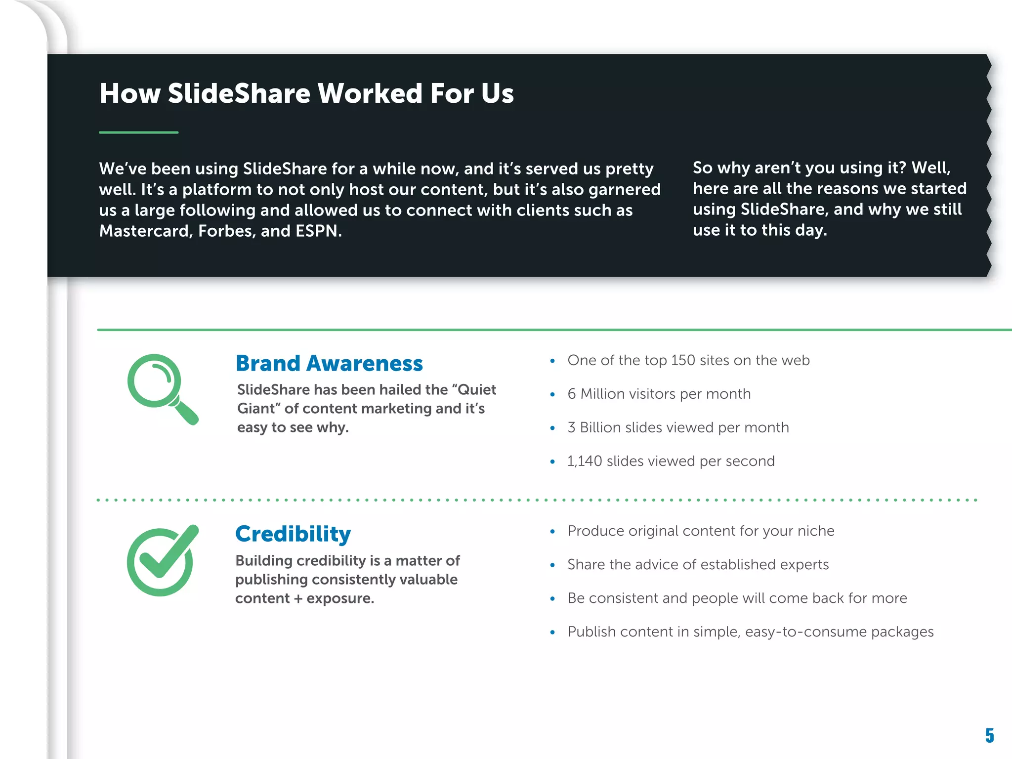 5
Building credibility is a matter of
publishing consistently valuable
content + exposure.
We’ve been using SlideShare for a while now, and it’s served us pretty
well. It’s a platform to not only host our content, but it’s also garnered
us a large following and allowed us to connect with clients such as
Mastercard, Forbes, and ESPN.
5
SlideShare has been hailed the “Quiet
Giant” of content marketing and it’s
easy to see why.
• One of the top 150 sites on the web
• 6 Million visitors per month
• 3 Billion slides viewed per month
• 1,140 slides viewed per second
• Produce original content for your niche
• Share the advice of established experts
• Be consistent and people will come back for more
• Publish content in simple, easy-to-consume packages
So why aren’t you using it? Well,
here are all the reasons we started
using SlideShare, and why we still
use it to this day.
How SlideShare Worked For Us
Brand Awareness
Credibility
 