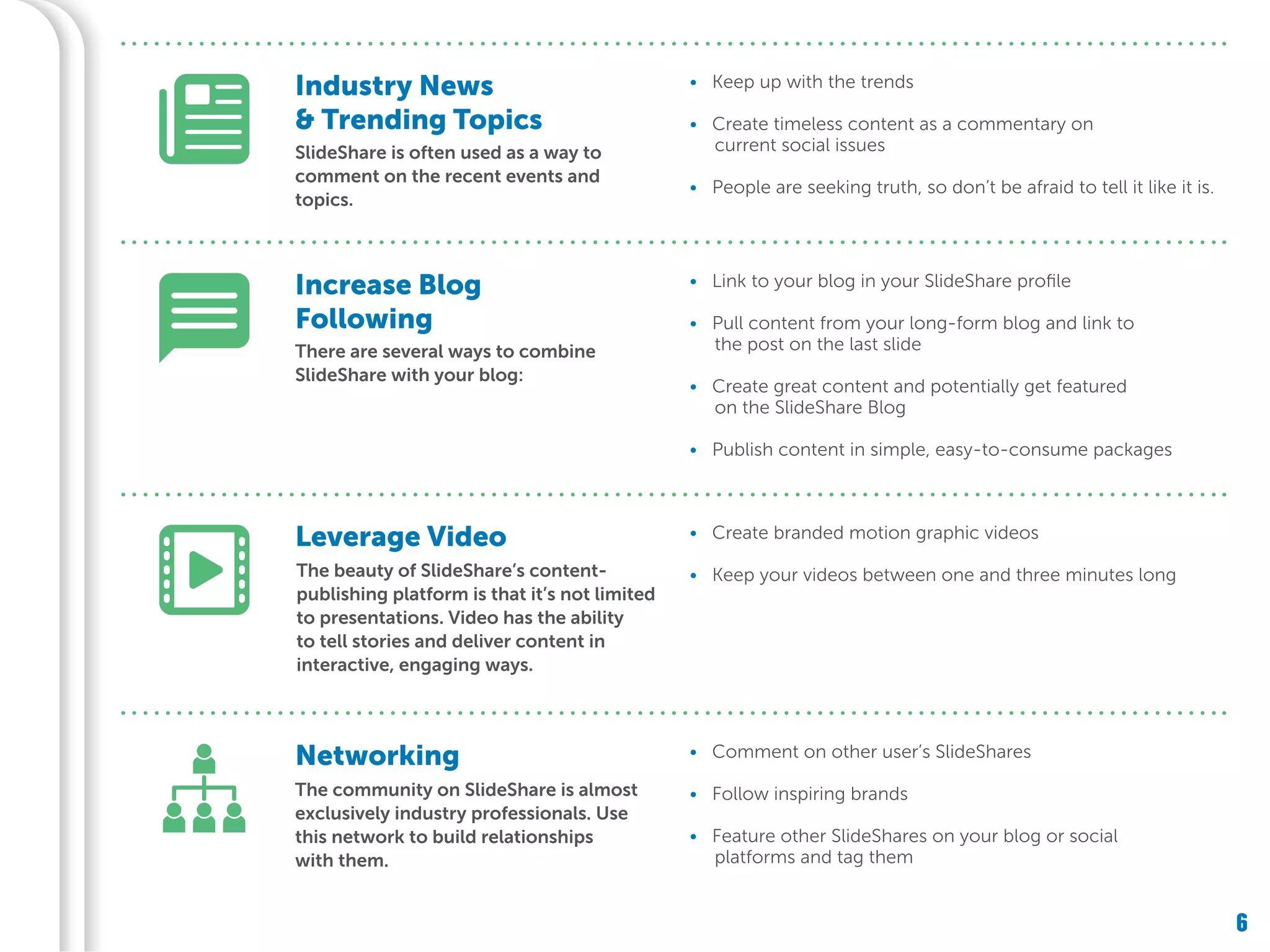6
The beauty of SlideShare’s content-
publishing platform is that it’s not limited
to presentations. Video has the ability
to tell stories and deliver content in
interactive, engaging ways.
There are several ways to combine
SlideShare with your blog:
Increase Blog
Following
SlideShare is often used as a way to
comment on the recent events and
topics.
The community on SlideShare is almost
exclusively industry professionals. Use
this network to build relationships
with them.
• Keep up with the trends
• Create timeless content as a commentary on
current social issues
• People are seeking truth, so don’t be afraid to tell it like it is.
• Create branded motion graphic videos
• Keep your videos between one and three minutes long
• Link to your blog in your SlideShare profile
• Pull content from your long-form blog and link to
the post on the last slide
• Create great content and potentially get featured
on the SlideShare Blog
• Publish content in simple, easy-to-consume packages
• Comment on other user’s SlideShares
• Follow inspiring brands
• Feature other SlideShares on your blog or social
platforms and tag them
Industry News
& Trending Topics
Leverage Video
Networking
 