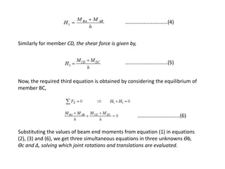 Similarly for member CD, the shear force is given by,
Now, the required third equation is obtained by considering the equilibrium of
member BC,
Substituting the values of beam end moments from equation (1) in equations
(2), (3) and (6), we get three simultaneous equations in three unknowns Ѳb,
Ѳc and ∆, solving which joint rotations and translations are evaluated.
..............................(4)
..............................(5)
..............................(6)
 