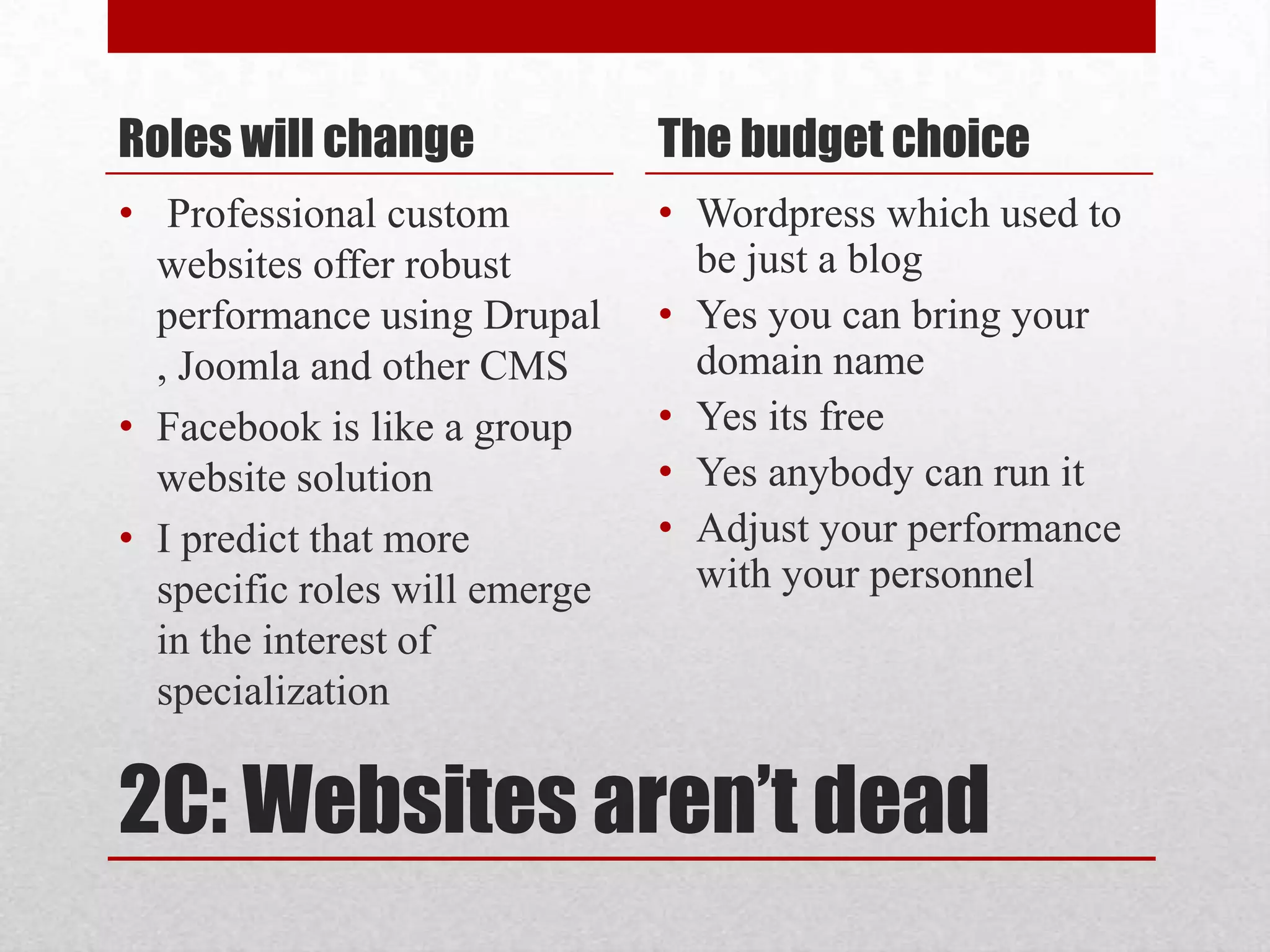 2C: Websites aren’t deadRoles will change Professional custom websites offer robust performance using Drupal , Joomla and other CMSFacebook is like a group website solution I predict that more specific roles will emerge in the interest of specialization   The budget choiceWordpress which used to be just a blog Yes you can bring your domain nameYes its freeYes anybody can run it Adjust your performance with your personnel