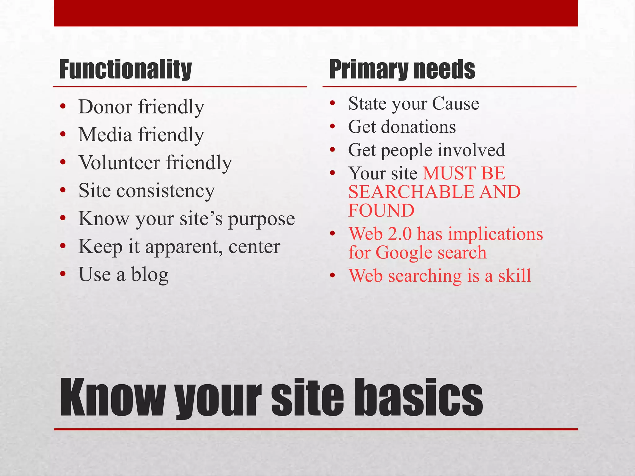 Know your site basicsFunctionalityDonor friendlyMedia friendlyVolunteer friendlySite consistencyKnow your site’s purposeKeep it apparent, centerUse a blogPrimary needsState your CauseGet donationsGet people involvedYour site MUST BE SEARCHABLE AND FOUNDWeb 2.0 has implications for Google searchWeb searching is a skill