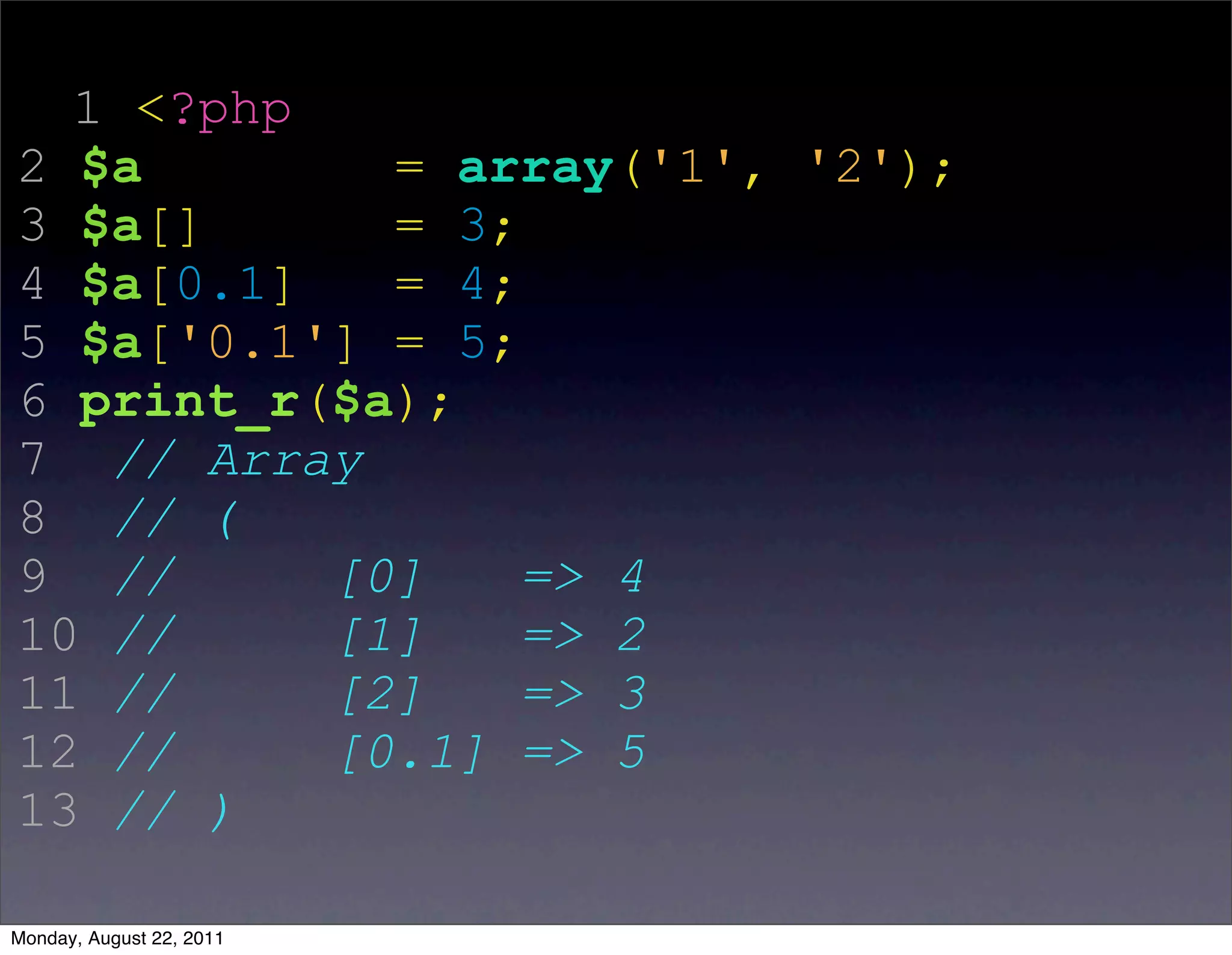 1 <?php
2 $a        = array('1', '2');
3 $a[]      = 3;
4 $a[0.1]   = 4;
5 $a['0.1'] = 5;
6 print_r($a);
7 // Array
8 // (
9 //      [0]    => 4
10 //     [1]    => 2
11 //     [2]    => 3
12 //     [0.1] => 5
13 // )

Monday, August 22, 2011
 
