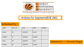 Arduino for beginners(ECE 281)
NAME ROLL NO. R.ID SIGN. MARKS
Anmol 36 12222128 Anmol
Yatharth 37 12222247 Yatharth
Aryan 38 12222304 Aryan
Avinash 39 12222310 Avinash
Submitted by:-
Submitted to :-> Suverna Sengar
 