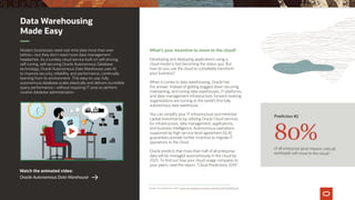 4
Oracle, “Cloud Predictions 2019,” oracle.com/assets/oracle-cloud-predictions-2019-5244106.pdf.
Data Warehousing
Made Easy
What’s your incentive to move to the cloud?
Developing and deploying applications using a
cloud model is fast becoming the status quo. But
how do you use the cloud to completely transform
your business?
When it comes to data warehousing, Oracle has
the answer. Instead of getting bogged down securing,
maintaining, and tuning data warehouses, IT platforms,
and data-management infrastructure, forward-looking
organizations are turning to the world’s first fully
autonomous data warehouse.
You can simplify your IT infrastructure and minimize
capital investments by utilizing Oracle Cloud services
for infrastructure, data management, applications,
and business intelligence. Autonomous operations
supported by high service-level agreement (SLA)
guarantees provide further incentive to migrate IT
operations to the cloud.
Oracle predicts that more than half of all enterprise
data will be managed autonomously in the cloud by
2025. To find out how your cloud usage compares to
your peers, read the report, Cloud Predictions 2019.
Watch the animated video:
Oracle Autonomous Data Warehouse
Modern businesses need real-time data more than ever
before—but they don’t need more data-management
headaches. As a turnkey cloud service built on self-driving,
self-tuning, self-securing Oracle Autonomous Database
technology, Oracle Autonomous Data Warehouse uses AI
to improve security, reliability, and performance, continually
learning from its environment. This easy-to-use, fully
autonomous database scales elastically and delivers incredible
query performance—without requiring IT pros to perform
routine database administration.
of all enterprise (and mission-critical)
workloads will move to the cloud.4
Prediction #2
80%
 