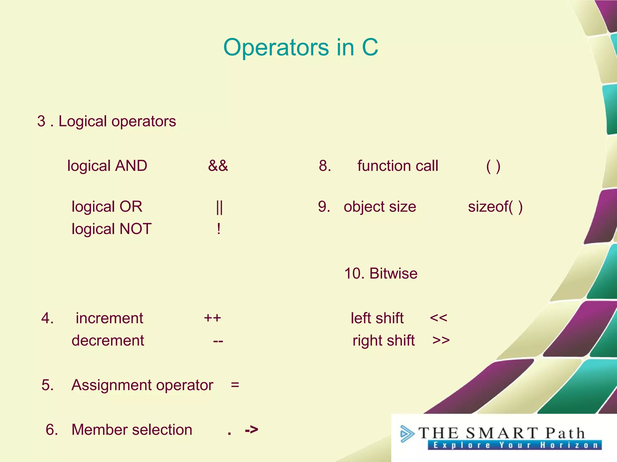 Operators in C
3 . Logical operators
logical AND && 8. function call ( )
logical OR || 9. object size sizeof( )
logical NOT !
10. Bitwise
4. increment ++ left shift <<
decrement -- right shift >>
5. Assignment operator =
6. Member selection . ->
 
