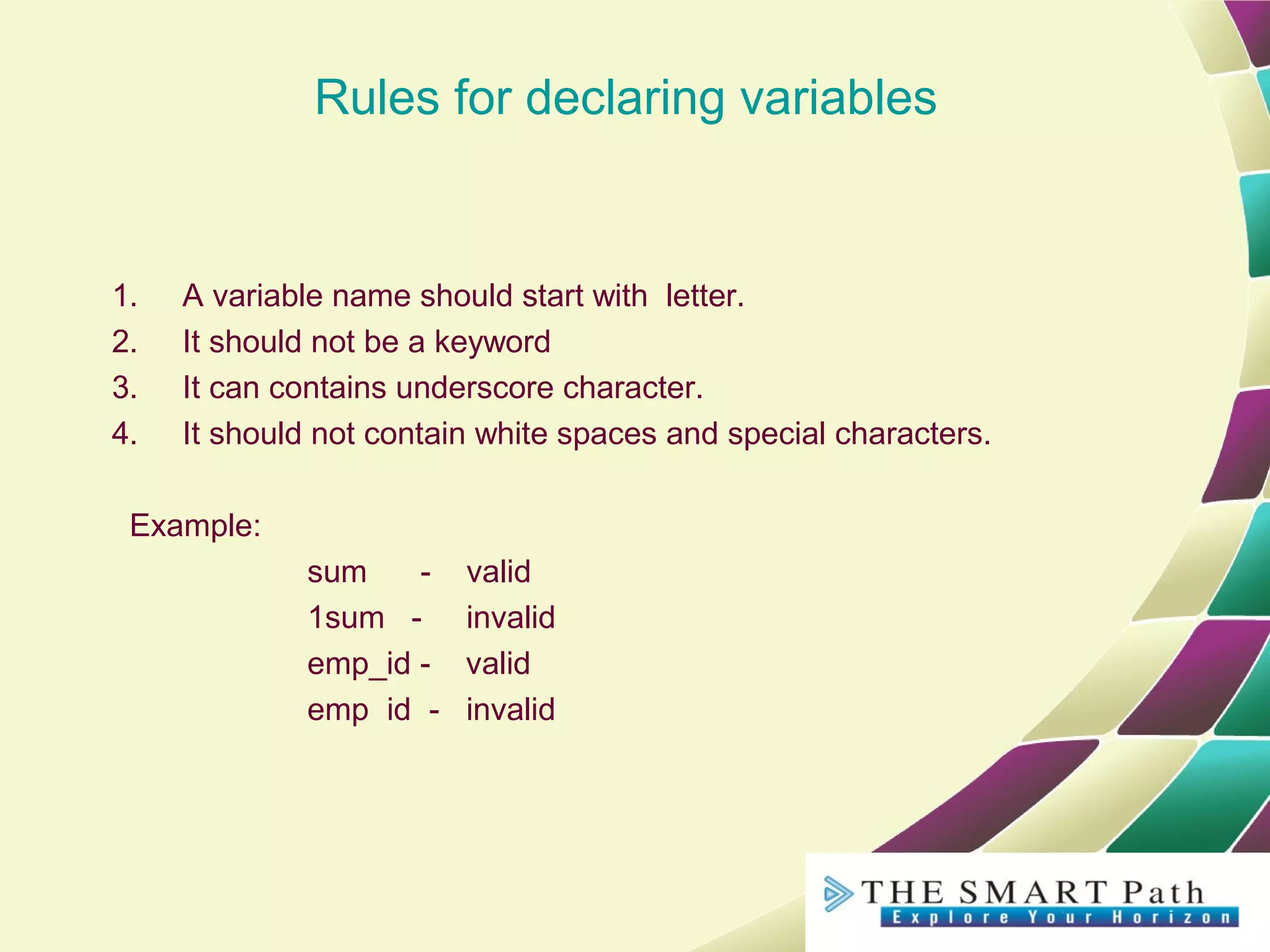 Rules for declaring variables
1. A variable name should start with letter.
2. It should not be a keyword
3. It can contains underscore character.
4. It should not contain white spaces and special characters.
Example:
sum - valid
1sum - invalid
emp_id - valid
emp id - invalid
 