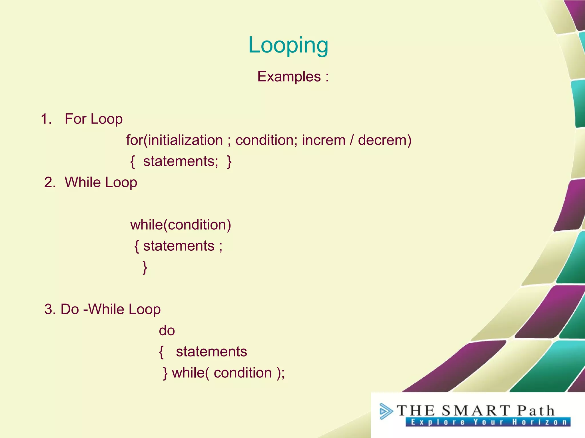 Looping
Examples :
1. For Loop
for(initialization ; condition; increm / decrem)
{ statements; }
2. While Loop
while(condition)
{ statements ;
}
3. Do -While Loop
do
{ statements
} while( condition );
 