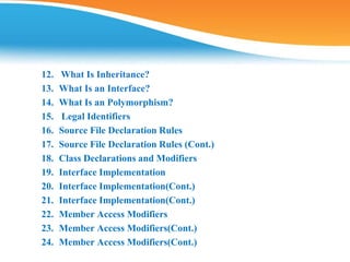 12. What Is Inheritance?
13. What Is an Interface?
14. What Is an Polymorphism?
15. Legal Identifiers
16. Source File Declaration Rules
17. Source File Declaration Rules (Cont.)
18. Class Declarations and Modifiers
19. Interface Implementation
20. Interface Implementation(Cont.)
21. Interface Implementation(Cont.)
22. Member Access Modifiers
23. Member Access Modifiers(Cont.)
24. Member Access Modifiers(Cont.)
 