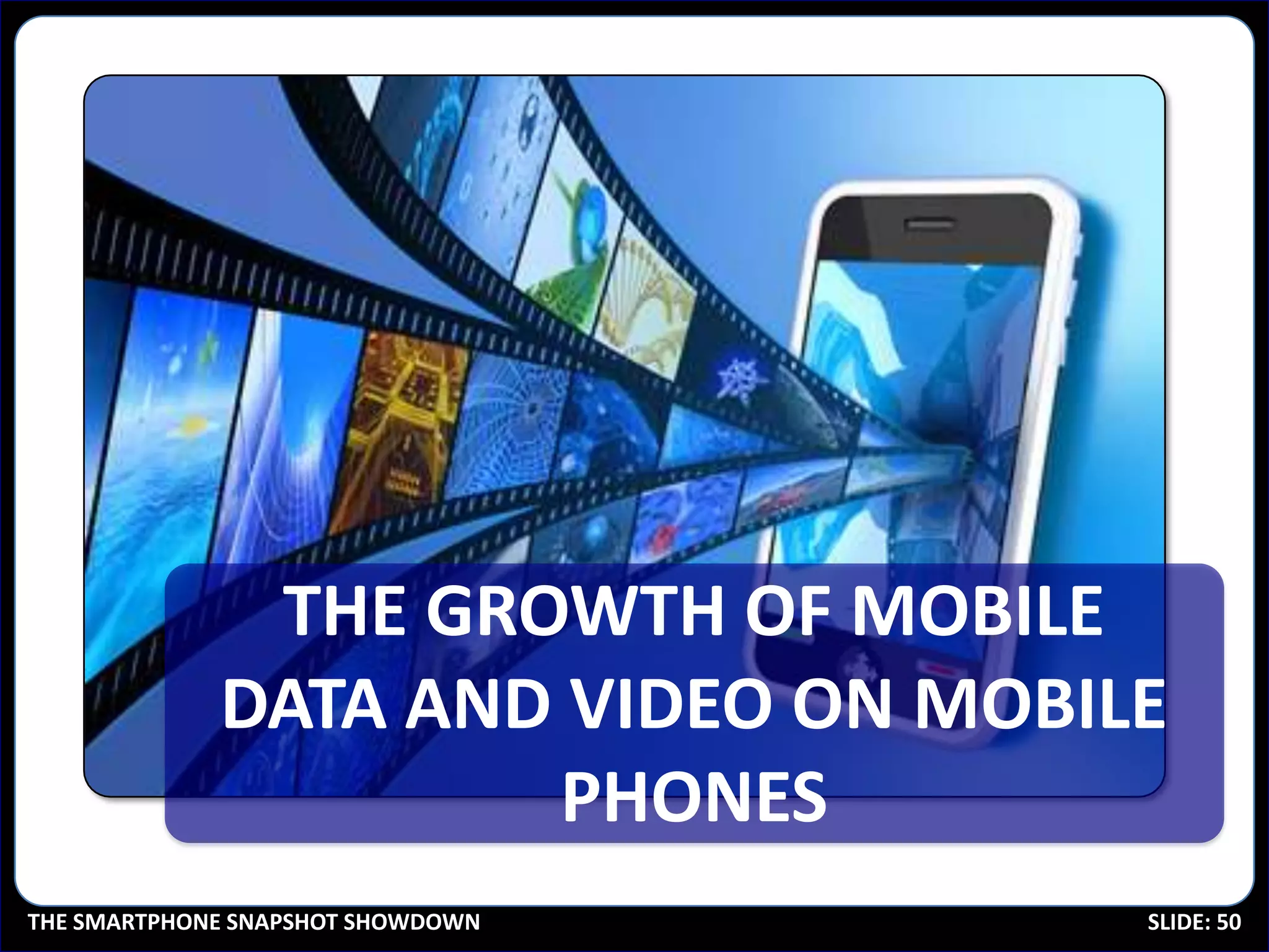 THE GROWTH OF MOBILE
             DATA AND VIDEO ON MOBILE
                     PHONES
THE SMARTPHONE SNAPSHOT SHOWDOWN    SLIDE: 50
 