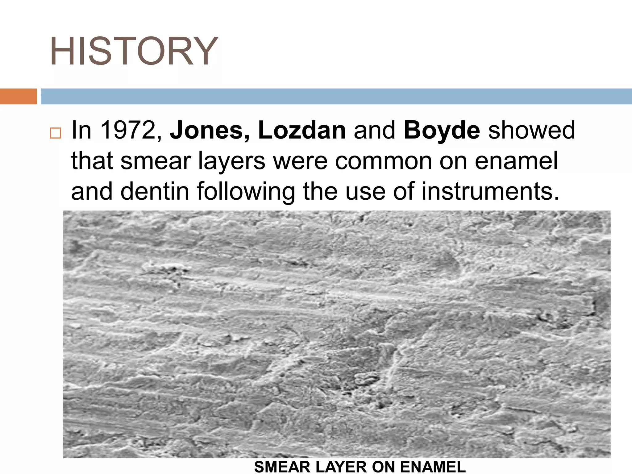 HISTORY
 In 1972, Jones, Lozdan and Boyde showed
that smear layers were common on enamel
and dentin following the use of instruments.
SMEAR LAYER ON ENAMEL
 