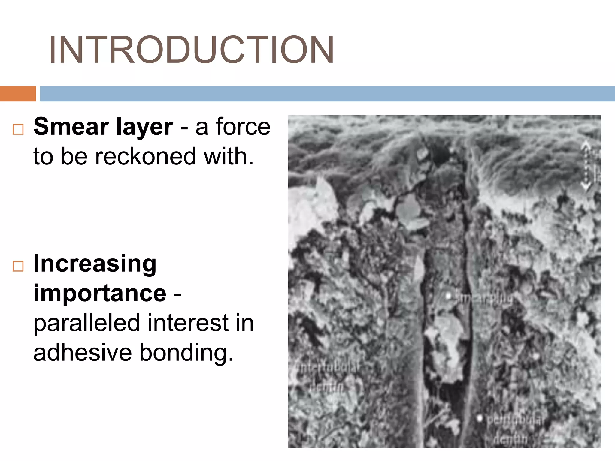 INTRODUCTION
 Smear layer - a force
to be reckoned with.
 Increasing
importance -
paralleled interest in
adhesive bonding.
 