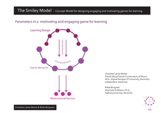 The Smiley Model                                                  - Concept Model for designing engaging and motivating games for learning


Parameters in a motivating and engaging game for learning

              Learning Design




                                                                                           Learning elements
                              .. .. ... . .. . ...
                                    . .....
                                          .. ...
                                                 ....




                                                        ....
                                                     . . ..




                                                               . .. .
                                                                        .. .
                                                                               Co n
                                                                                      c e p t u a li s ati o n

              Game elements

                                                                                                                 Charlotte Lærke Weitze
                                                                                                                 Pianist (Royal Danish Conservatory of Music)
                                                                                                                 M.Sc. Digital Designer (IT University, Denmark)
                                                                                                                 Independent researcher

                                                                                                                 Rikke Ørngreen
                                                                                                                 Associate Professor, Ph.D.,
                                                                                                                 Aalborg University, Denmark
                                                                                                                                                      Parameters in a motivating and engaging game for learning




                                                      Motivational factors
                                                                                                                                                               Learning Design




                                                                                                                                                                                                                                       Learning elements
                                                                                                                                                                          .. .. ... . .. . ...
                                                                                                                                                                                . .....
                                                                                                                                                                                      .. ...
                                                                                                                                                                                             ....
                                                                                                                                                                                                    ....




                                                                                                                                                                                                 . . ..
                                                                                                                                                                                                           . .. .
                                                                                                                                                                                                                    .. .
                                                                                                                                                                                                                           Co n
                                                                                                                                                                                                                                  c e p t u a li s ati o n

                                                                                                                                                               Game elements




Charlotte Lærke Weitze & Rikke Ørngreen
                                                                                                                                                                                                  Motivational factors
 