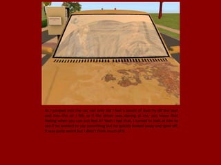 As I jumped into the car, not only did I feel a bunch of dust fly off the seat
and into the air I felt as if the driver was staring at me, you know that
feeling when you can just feel it? Yeah I had that. I turned to look at him to
see if he wanted to say something but he quickly looked away and sped off.
It was quite weird but I didn't think much of it.
 