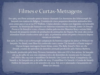 Em 1965, um filme animado preto e branco chamado Les Aventures des Schtroumpfs foi
lançado nos teatros da Bélgica. Consistia de cinco pequenos desenhos animados feito
anos antes para ir ao ar na TV Wallons. Cópias alemãs e cópias com legendas em holandês
existem. As histórias são baseados em histórias existentes dos Smurfs, como Os Smurfs
Pretos e Os Smurfs e o ovo, e foram criados pelo escritor Maurice Rosy e artista Eddy
Ryssack do pequeno estúdio de produções de animações da Dupuis. No total, dez curtas
animados foram criados entre 1961 a 1967, as primeiras séries em preto e branco e depois
vieram os coloridos.
Em 1976, La Flûte à six schtroumpfs (adaptação da história original de Johan et Pirlouit) foi
lançado. No Brasil, esse filme foi conhecido com o nome "Os Smurfs e a Flauta mágica".
Outras longas-metragens foram feitas, como The Baby Smurf e Here are the
Smurfs, criados de episódios do desenho animado produzido pela Hanna-Barbera.
Os Smurfs, produzido pela Sony Pictures Animation, feito em CGI e live-action, foi lançado
em 29 de julho de 2011 nos cinemas e em 2 de dezembro do mesmo ano foi lançado
em DVD e Blu-ray com o minifilme Os Smurfs: Um Conto de Natal. A sequência, Os
Smurfs 2, foi lançado em 31 de julho de 2013. O minifilme Os Smurfs: A Lenda de Smurfy
Hollow foi lançado em 10 de setembro de 2013. Em 2017 é planejado o lançamento do
filme Get Smurfy.
 