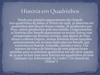 Desde seu primeiro aparecimento dos Smurfs
nos quadrinhos de Johan et Pirluit em 1958, 30 histórias em
quadrinhos dos Smurfs foram criadas, 16 produzidos por
Peyo, outros produzidos pelo seu estúdio. Originalmente,
as histórias dos Smurfs apareceram na revista Spirou com
reimpressões em diversas revistas, mas depois de Peyo
deixar a editora Dupuis, muitas histórias foram lançadas
primeiramente em revistas dedicadas em Smurfs, que
existiram em francês, holandês, alemão e turco. Um
número de tiras e de histórias de uma página foram
reunidas para os próximos quadrinhos em um série regular
de 30 que incluía uma nova história em quadrinhos da série
chamado Les Schtroumpfs de L'ordre ("Os Smurfs da
Ordem").
 