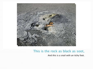 This is the rock as black as soot,And this is a snail with an itchy foot.