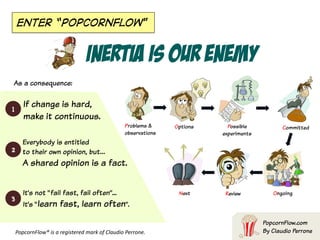 Problems &
observations
Options Possible
experiments
Committed
Next Review Ongoing
PopcornFlow.com
By Claudio Perrone
INERTIA IS our ENEMY
If change is hard,
make it continuous.
Everybody is entitled
to their own opinion, but… 
A shared opinion is a fact.
It’s not “fail fast, fail often”... 
It’s “learn fast, learn often”.
1
2
3
Enter “PopcornFlow"
PopcornFlow®	is	a	registered	mark	of	Claudio	Perrone.
As a consequence:
 